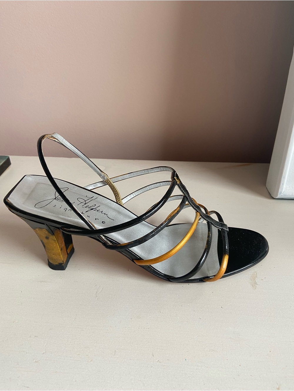 Joan Helpburn Signature Black and Gold Strappy Slingback Sandals Heels Italy